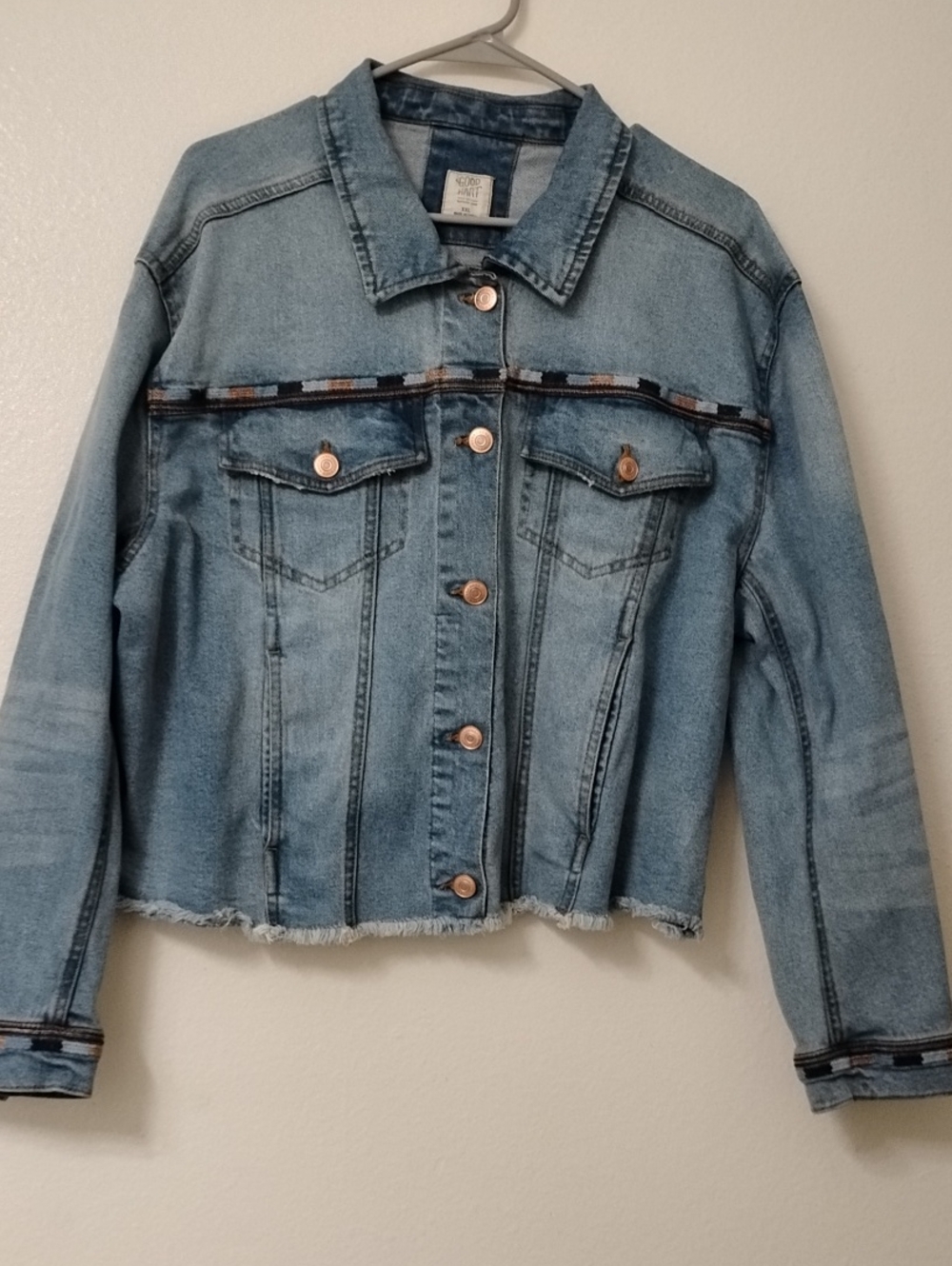Light Wash Denim Jacket with Frayed Hem - Women's